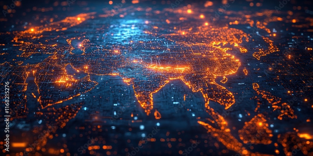 Poster futuristic digital map of asia with global network connectivity and data transfer in cyberpunk style