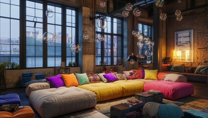 Colorful modular sofa in a loft apartment with large windows and city view.