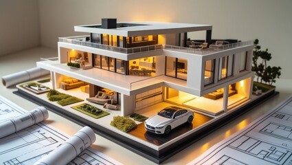 A highly detailed, miniature architectural model of a modern home, set against a creamy white background, showcasing sleek lines, floor-to-ceiling windows, and a sprawling open-plan living area, illum