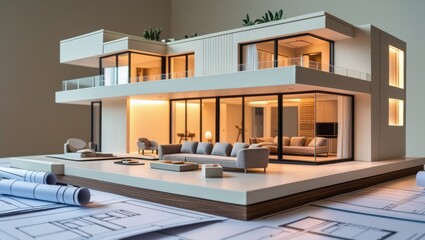 A highly detailed, miniature architectural model of a modern home, set against a creamy white background, showcasing sleek lines, floor-to-ceiling windows, and a sprawling open-plan living area, illum