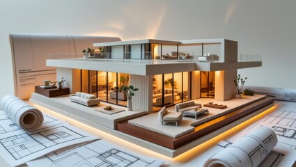 A highly detailed, miniature architectural model of a modern home, set against a creamy white background, showcasing sleek lines, floor-to-ceiling windows, and a sprawling open-plan living area, illum
