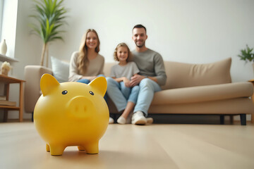 Yellow piggy money box standing on floor in the living room and a parents with a child girl sitting on sofa at home in background. Family savings, investment and money management concept