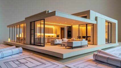 A highly detailed, miniature architectural model of a modern home, set against a creamy white background, showcasing sleek lines, floor-to-ceiling windows, and a sprawling open-plan living area, illum