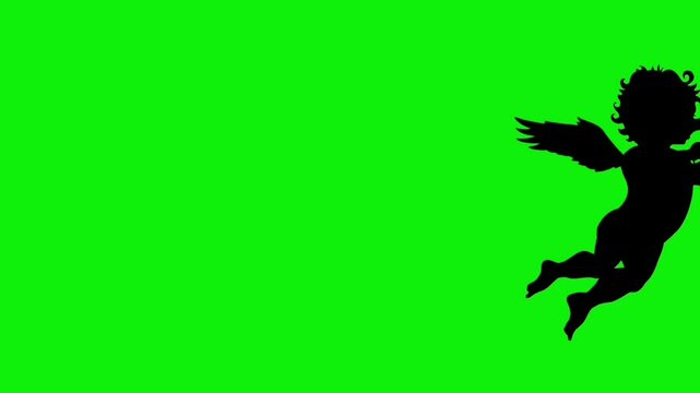 Animated flying cupid silhouette with arrow and bow with red heart shape arrow line animation on green background. Concept of love, Valentines day symbol, wedding, anniversary and romance.