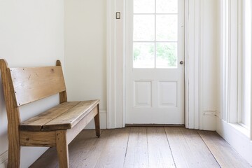 Rustic Wooden Bench in Minimalist Interior with Open Doorway and Natural Light