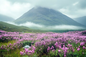 Misty mountain landscape with blooming heather.