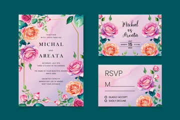 Set of wedding invitation templates set with blue roses and watercolor floral. Wedding Invitation card, save the date, thank you, rsvp template. Vector.