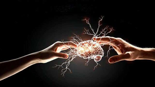 Two hands touch forming an electric connection and firing neurons in a dark scene, illustrating anxiety depression treatment, neurology, schizophrenia, and ocd concepts
