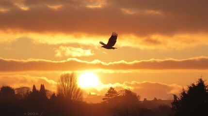 A bird soars against a vibrant sunset, showcasing nature's beauty and tranquility.