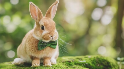 Fototapeta premium A fluffy bunny wearing a green velvet bow tie sitting gracefully on a moss-covered stone in a serene forest setting. nature, wildlife, spring, pets, tranquility, Easter