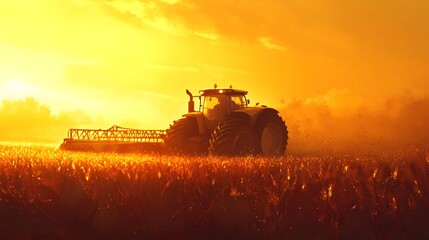 Naklejka premium Tractor Harvesting Crops at Golden Sunset
