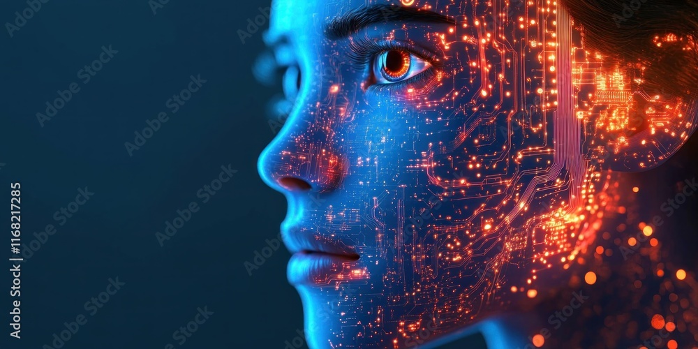 Aufkleber futuristic cybernetic face with neon lights and circuit patterns representing artificial intelligenc