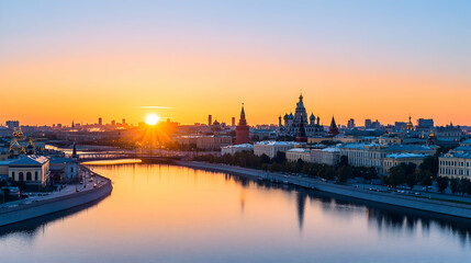 Sunrise over Moscow Kremlin, Russia. Scenic cityscape panorama at dawn. Ideal for travel brochures, calendars, and tourism websites.