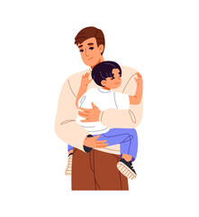 Dad loves his son, holds little boy on hands. Happy family hugs. Cute young father and kid cuddle, support. Parent and child spend time together. Flat isolated vector illustration on white background