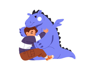Happy kid hugs his favourite toy Dino. Little boy cuddles cute plush friend. Child loves stuffed dinosaur, embraces. Imaginary friendship. Flat isolated vector illustration on white background