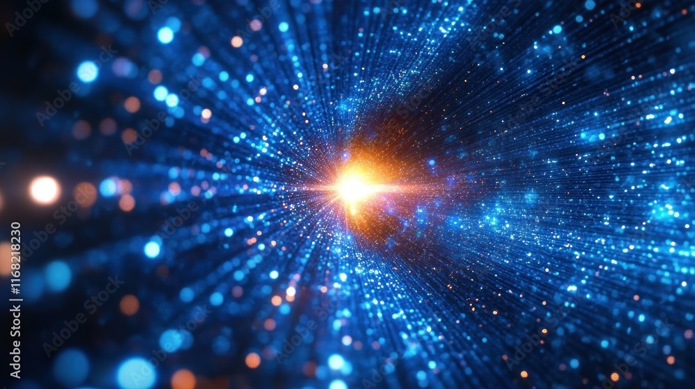 Poster high speed data transfer tunnel of blue light with dynamic motion blur and depth effect