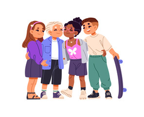 Obraz premium Happy kids warm hug together. Cute children cuddle, rejoice. Group of little friends embraces, support each other. International friendship. Flat isolated vector illustration on white background