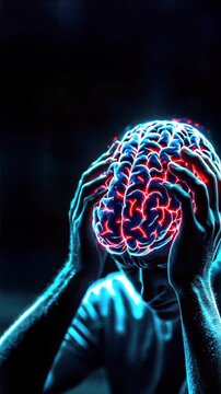 Close up of a person holding their head with a glowing blue and red brain visible, symbolizing neurology, schizophrenia, pediatric neurologist research, and ocd