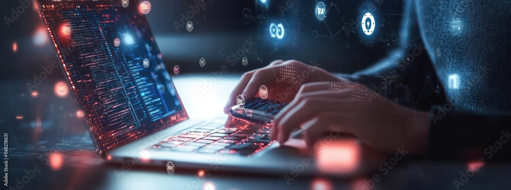 Poster cybersecurity digital workspace with holographic security icons and data protection technology