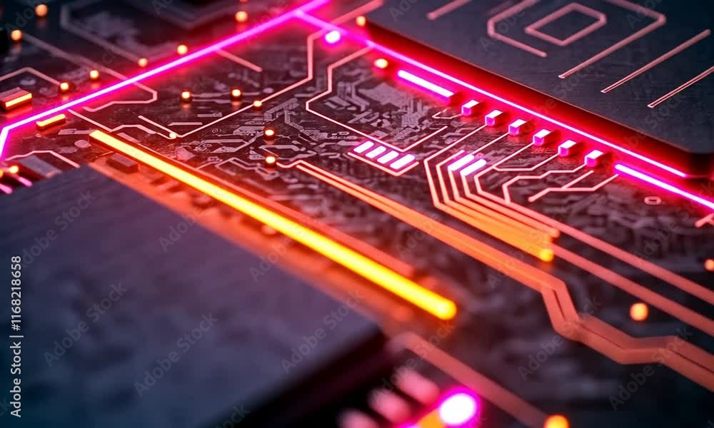 Poster closeup of a circuit board with glowing components and intricate pathways