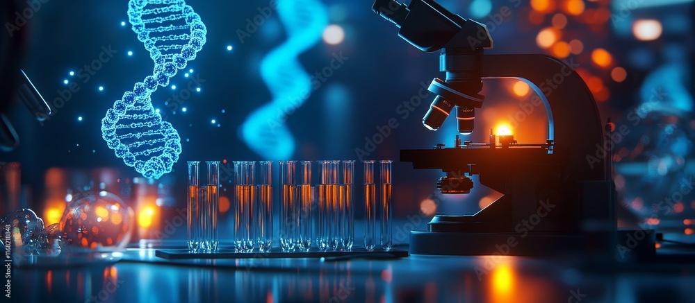 Poster DNA research in a laboratory setting with a microscope and test tubes.