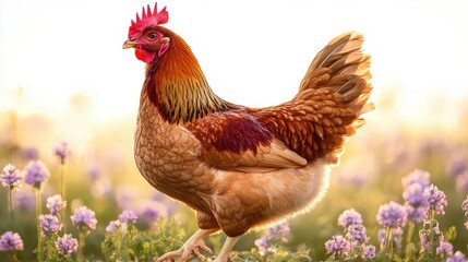 Fototapeta premium Realistic Brown Chicken Hen in Natural Setting with Warm Golden Hour Lighting