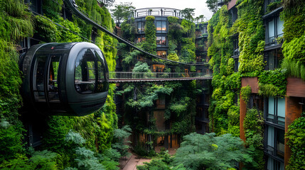 Futuristic Capsule Monorail Amidst Vertical Forest Within Modern Architecture