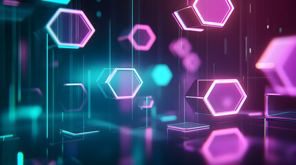 Abstract Neon Geometric Floating Hexagons With Futuristic Technology Feel