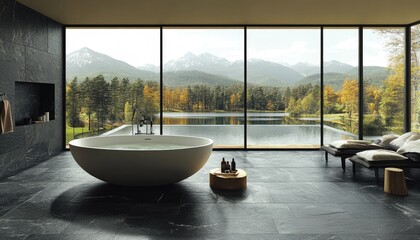 Fototapeta premium Modern bathtub in a luxurious bathroom with stunning mountain views. Perfect for showcasing relaxation, luxury, and spa-like environments.
