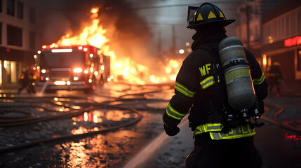 Firefighter battling intense blaze in city street, emergency response, night, water hoses.  Use News, editorial.