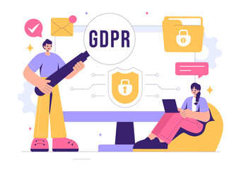 GDPR or General Data Protection Regulation Illustration featuring Cybersecurity, Personal Information Protection, and Access Control Verification