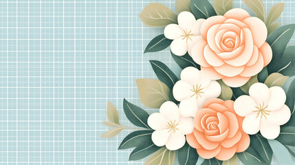 Peach and white roses bouquet on a blue grid background. Ideal for greeting cards, invitations, or websites.