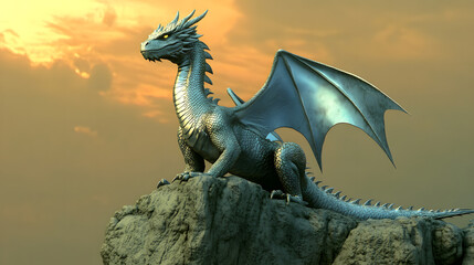 Majestic Silver Dragon Perched on Rocky Ledge at Sunset
