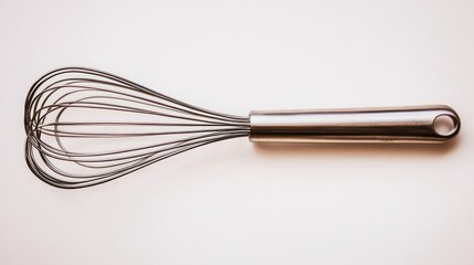 A metallic whisk on a white background
