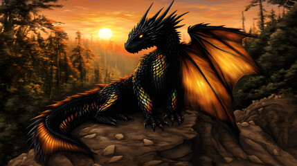 Majestic Dragon With Golden Wings in a Forested Sunset Scene