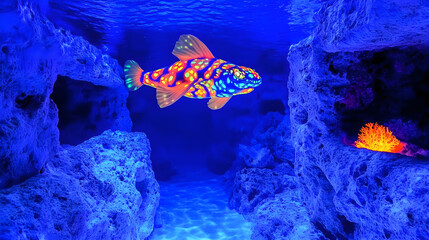 Vibrant Bioluminescent Fish Swimming in an Underwater Coral Reef Environment