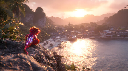 Majestic Dragon Overlooking Sunset Village and River View