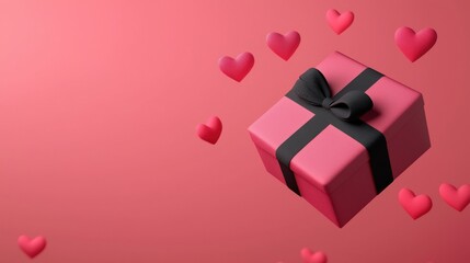 Luxurious ornate gift box in a vibrant pastel red color floating elegantly in a sea of delicate pink heart shapes creating a captivating and romantic visual composition