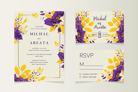 Vector set of gold wedding invitation card template set with floral and watercolor background