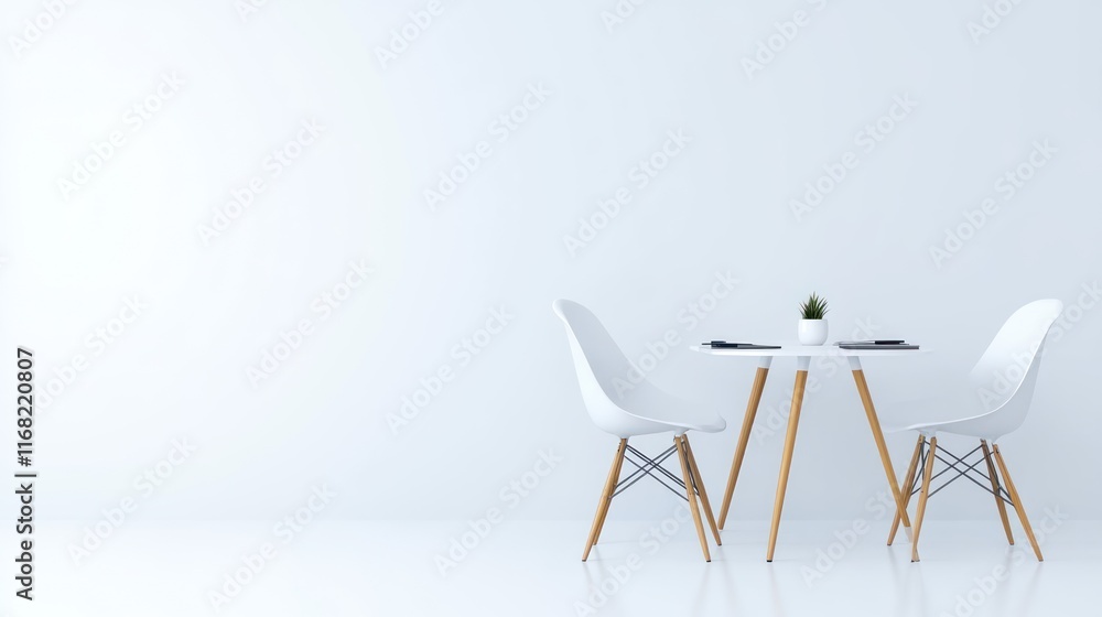 Poster modern minimalist table setting with two chairs and a plant.