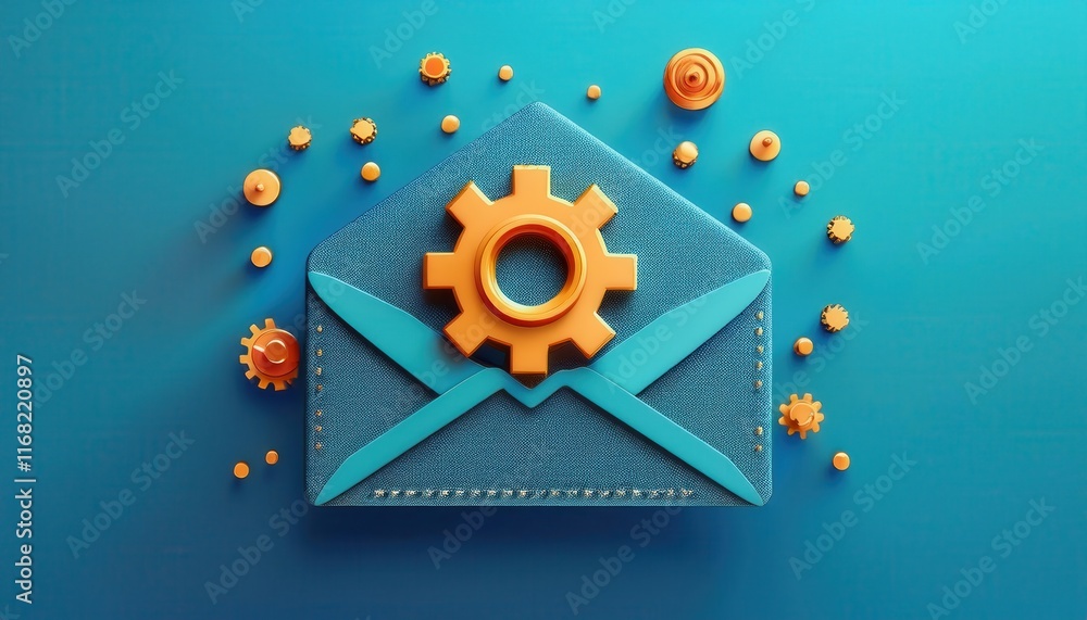 Poster a colorful envelope with a gear symbol, surrounded by small decorative elements, represents email au