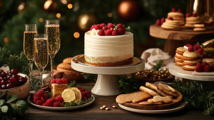Naklejka premium A festive table with a white cake and a variety of cookies and other desserts