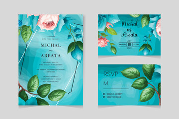 Vector set of gold wedding invitation card template set with floral and watercolor background