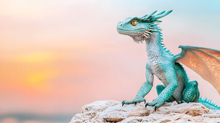Majestic Iridescent Dragon Resting on a Cliff at Sunset