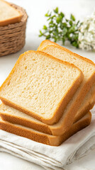 Sliced bread on white linen,  rustic basket in background, perfect for baking or food blogs.