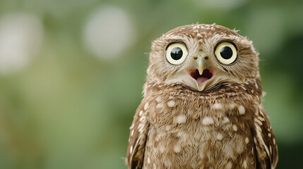 Astonished Owl: Close-up portrait of a wide-eyed owlet with its beak open in surprise, set against a softly blurred green background.  A captivating image perfect for illustrating wonder, amazement.