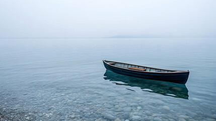 Naklejka premium Solitary boat on calm lake, misty morning, tranquil scene, perfect for meditation or travel brochures.