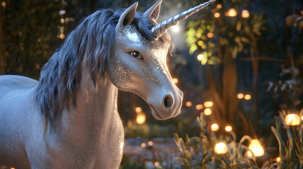 A Majestic Unicorn in a Mystical Forest Illuminated by Magical Lights