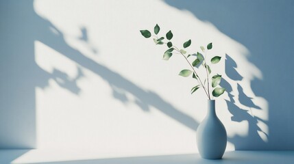 Minimalist Still Life with Green Leaves in Vase Casting Soft Shadows on Wall