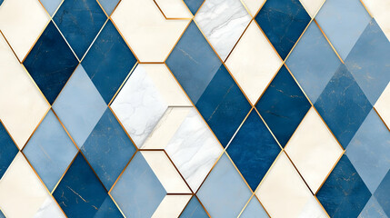 Abstract geometric blue and white marble tile pattern background, ideal for interior design projects.